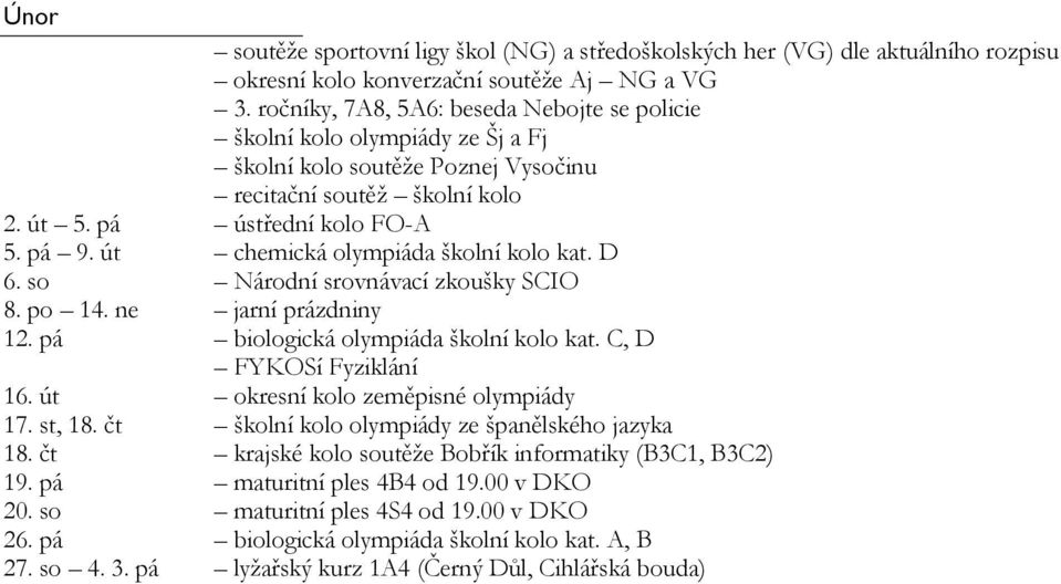 út chemická olympiáda školní kolo kat. D 6. so Národní srovnávací zkoušky SCIO 8. po 14. ne jarní prázdniny 12. pá biologická olympiáda školní kolo kat. C, D FYKOSí Fyziklání 16.