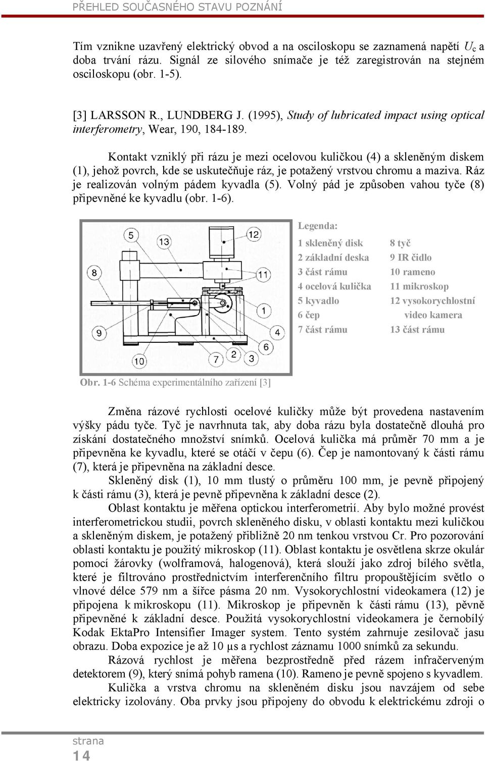 Kontakt vzniklý při rázu je mezi ocelovou kuličkou (4) a skleněným diskem (1), jehož povrch, kde se uskutečňuje ráz, je potažený vrstvou chromu a maziva. Ráz je realizován volným pádem kyvadla (5).