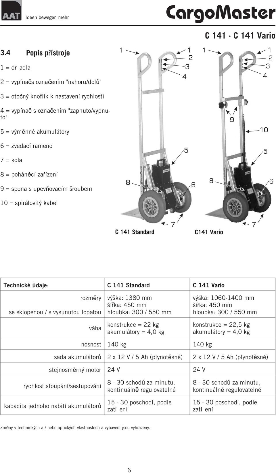 konstrukce = 22 kg akumulátory = 4,0 kg výška: 1060-1400 mm šíka: 450 mm hloubka: 300 / 550 mm konstrukce = 22,5 kg akumulátory = 4,0 kg nosnost 140 kg 140 kg sada akumulátor 2 x 12 V / 5 Ah