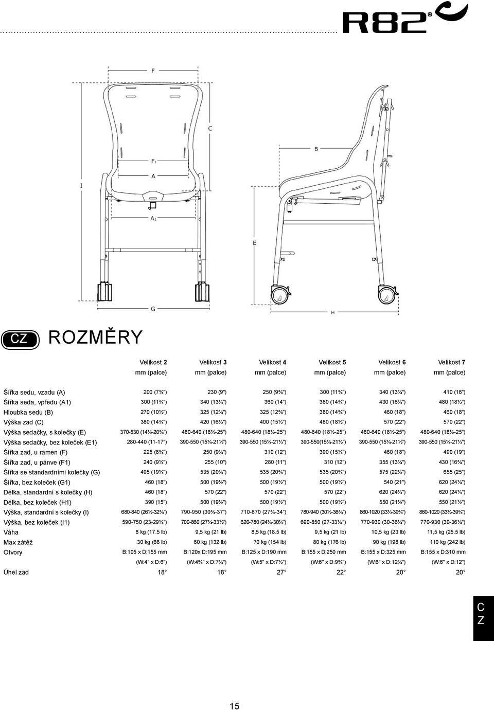 Výška zad () 380 (14¾") 420 (16½") 400 (15½") 480 (18½") 570 (22") 570 (22") Výška sedačky, s kolečky (E) 370-530 (14½-20¾") 480-640 (18½-25") 480-640 (18½-25") 480-640 (18½-25") 480-640 (18½-25")