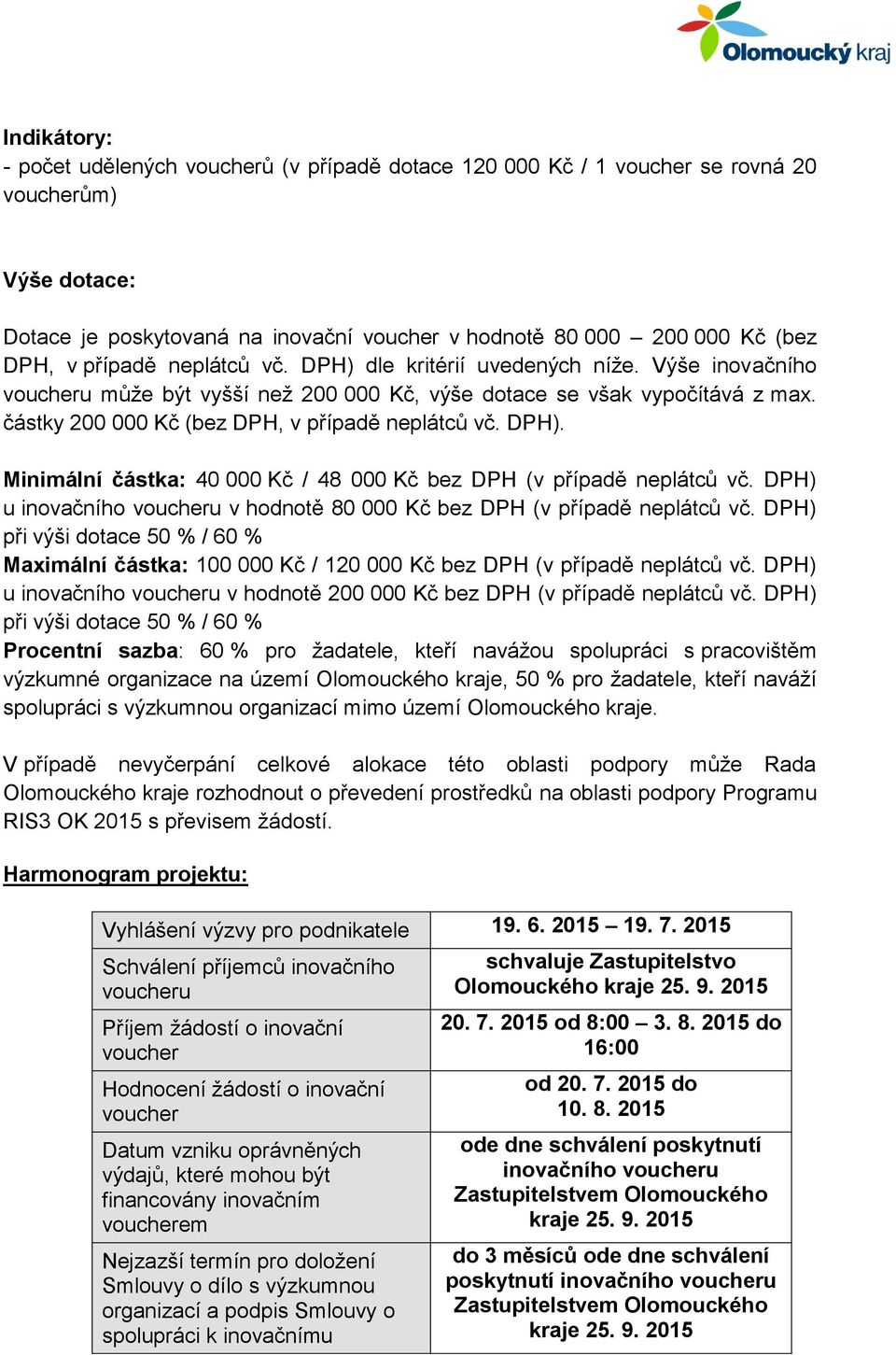 DPH) u inovačního v hodnotě 80 000 Kč bez DPH (v případě neplátců vč. DPH) při výši dotace 50 % / 60 % Maximální částka: 100 000 Kč / 120 000 Kč bez DPH (v případě neplátců vč.