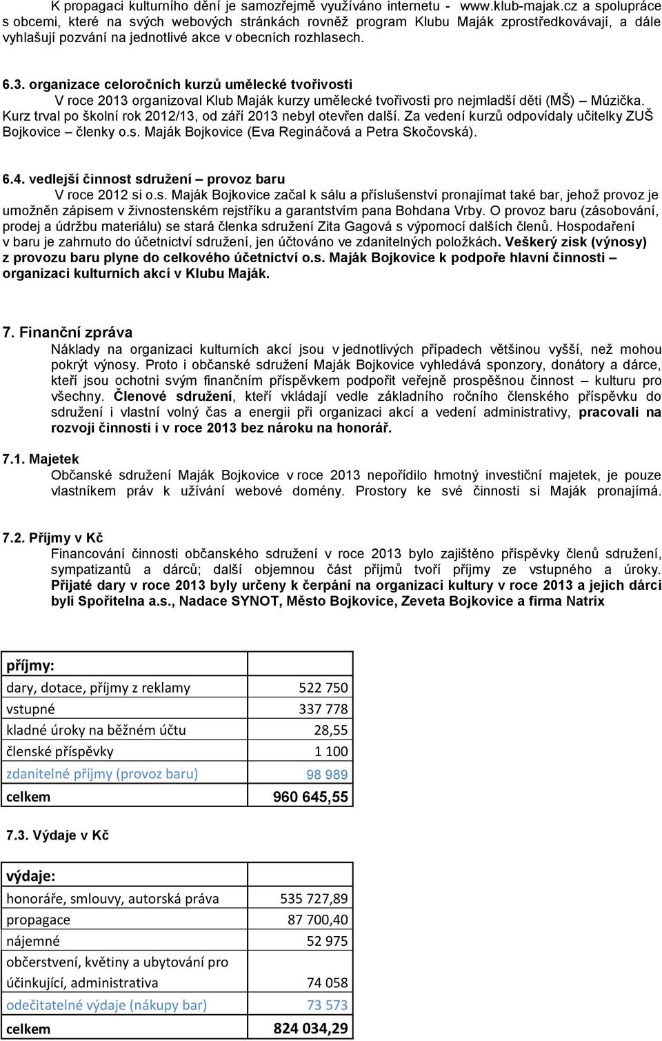 organizace celoročních kurzů umělecké tvořivosti V roce 2013 organizoval Klub Maják kurzy umělecké tvořivosti pro nejmladší děti (MŠ) Múzička.