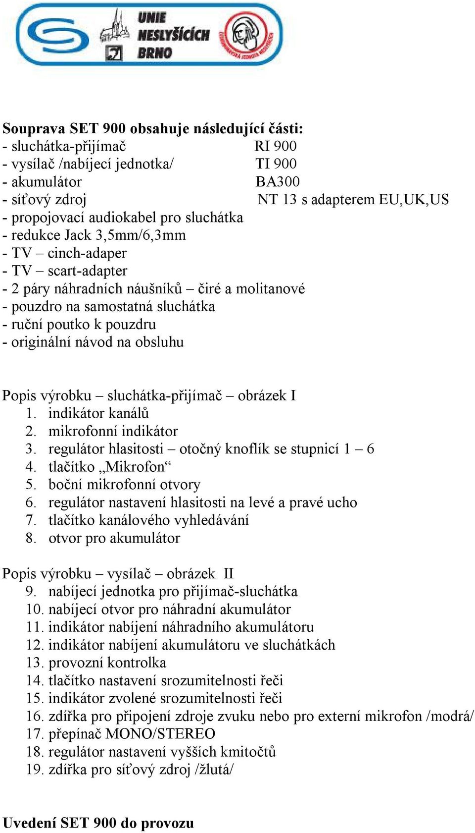 na obsluhu Popis výrobku sluchátka-přijímač obrázek I 1. indikátor kanálů 2. mikrofonní indikátor 3. regulátor hlasitosti otočný knoflík se stupnicí 1 6 4. tlačítko Mikrofon 5.