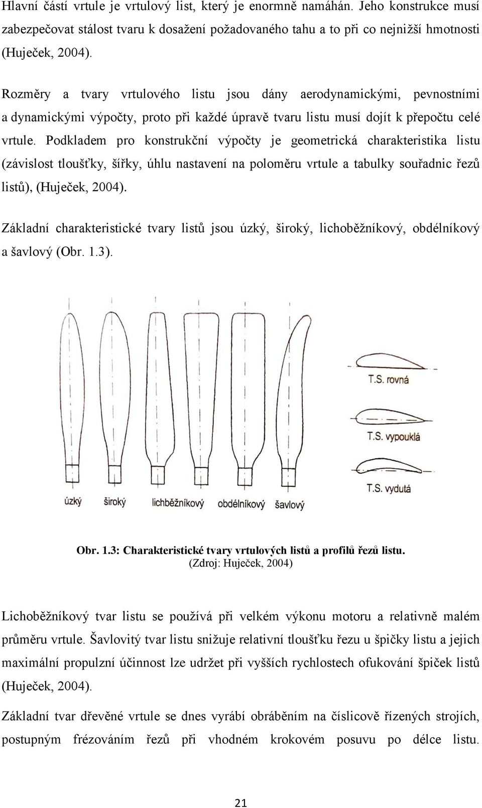 Podkladem pro konstrukční výpočty je geometrická charakteristika listu (závislost tloušťky, šířky, úhlu nastavení na poloměru vrtule a tabulky souřadnic řezů listů), (Huječek, 2004).