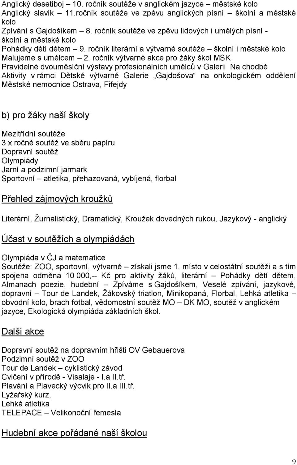 ročník výtvarné akce pro žáky škol MSK Pravidelné dvouměsíční výstavy profesionálních umělců v Galerii Na chodbě Aktivity v rámci Dětské výtvarné Galerie Gajdošova na onkologickém oddělení Městské