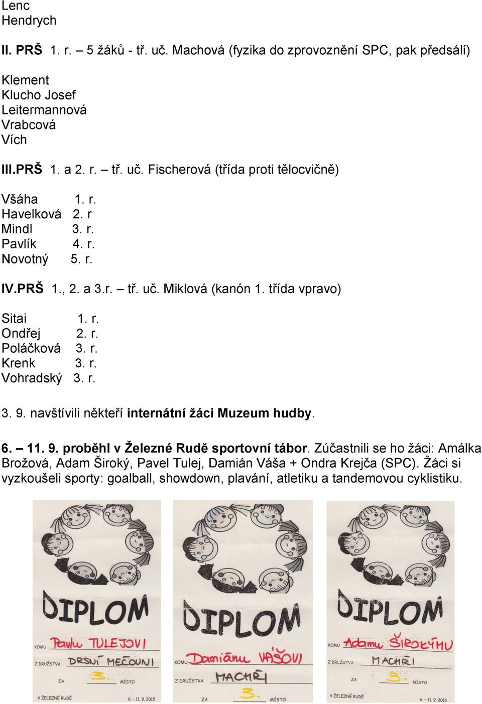 r. 3. 9. navštívili někteří internátní žáci Muzeum hudby. 6. 11. 9. proběhl v Železné Rudě sportovní tábor.