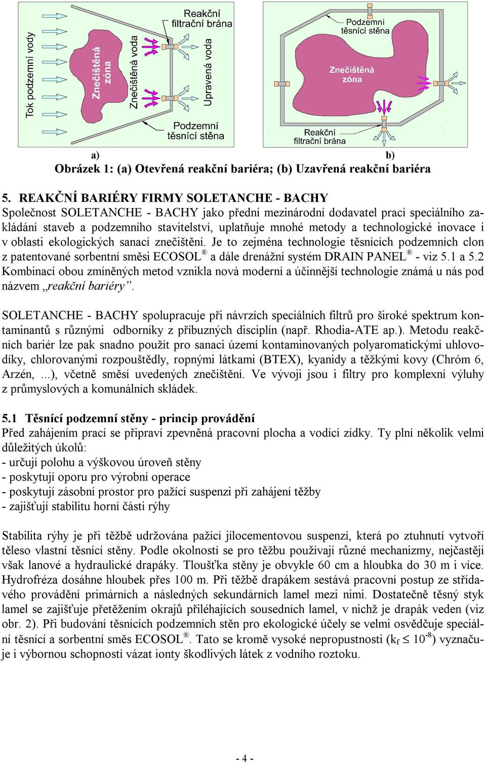 technologické inovace i v oblasti ekologických sanací znečištění. Je to zejména technologie těsnících podzemních clon z patentované sorbentní směsi ECOSOL a dále drenážní systém DRAIN PANEL - viz 5.