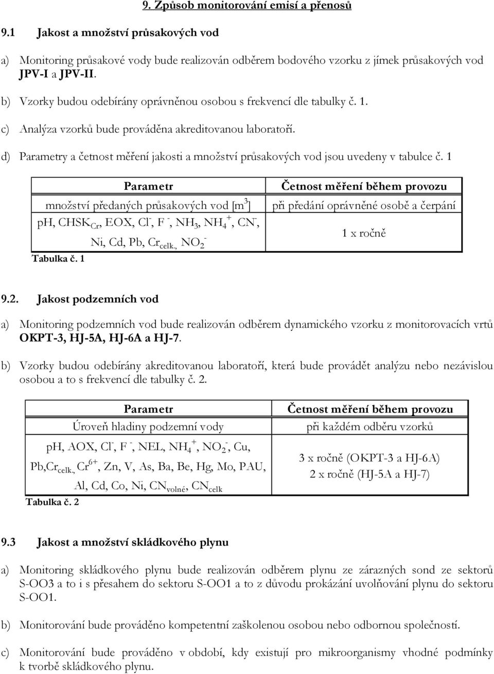 d) Parametry a četnost měření jakosti a množství průsakových vod jsou uvedeny v tabulce č.