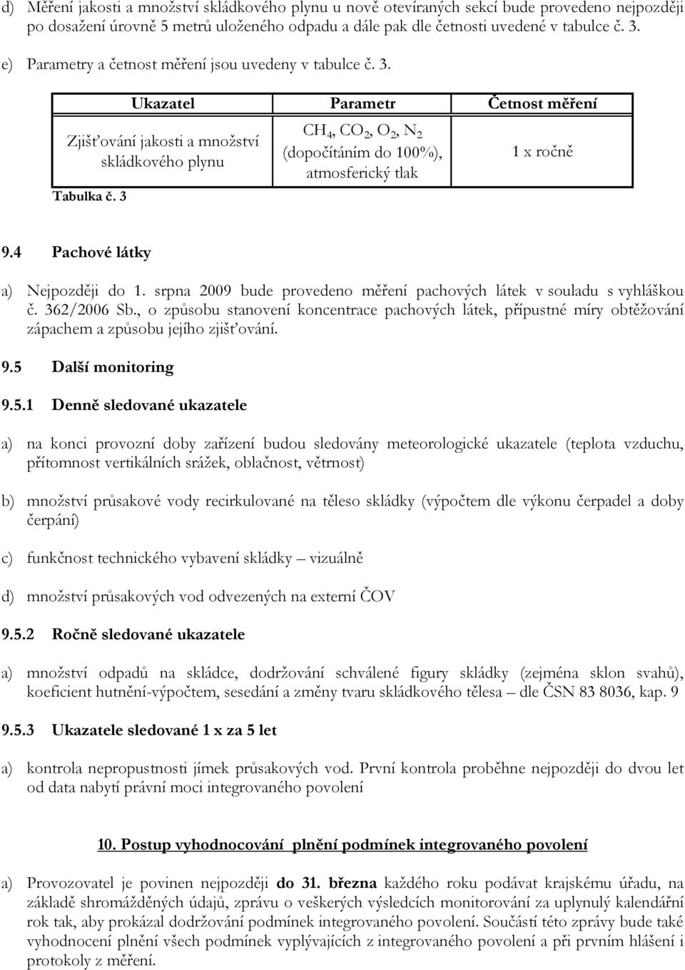 3 CH 4, CO 2, O 2, N 2 (dopočítáním do 100%), atmosferický tlak 1 x ročně 9.4 Pachové látky a) Nejpozději do 1. srpna 2009 bude provedeno měření pachových látek v souladu s vyhláškou č. 362/2006 Sb.