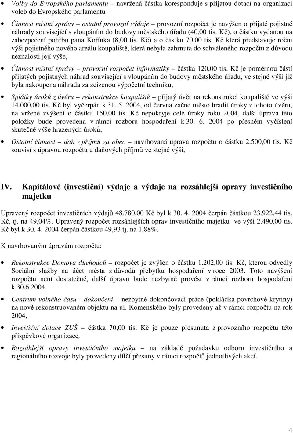 Kč která představuje roční výši pojistného nového areálu koupaliště, která nebyla zahrnuta do schváleného rozpočtu z důvodu neznalosti její výše, Činnost místní správy provozní rozpočet informatiky