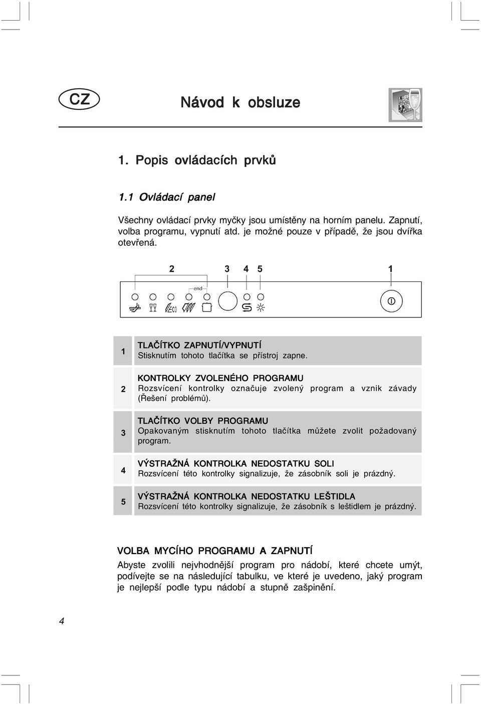 KONTROLKY ZVOLENÉHO PROGRAMU Rozsvícení kontroky označuje zvoený program a vznik závady (Řešení probémů). TLAČÍTKO VOLBY PROGRAMU Opakovaným stisknutím tohoto tačítka můžete zvoit požadovaný program.