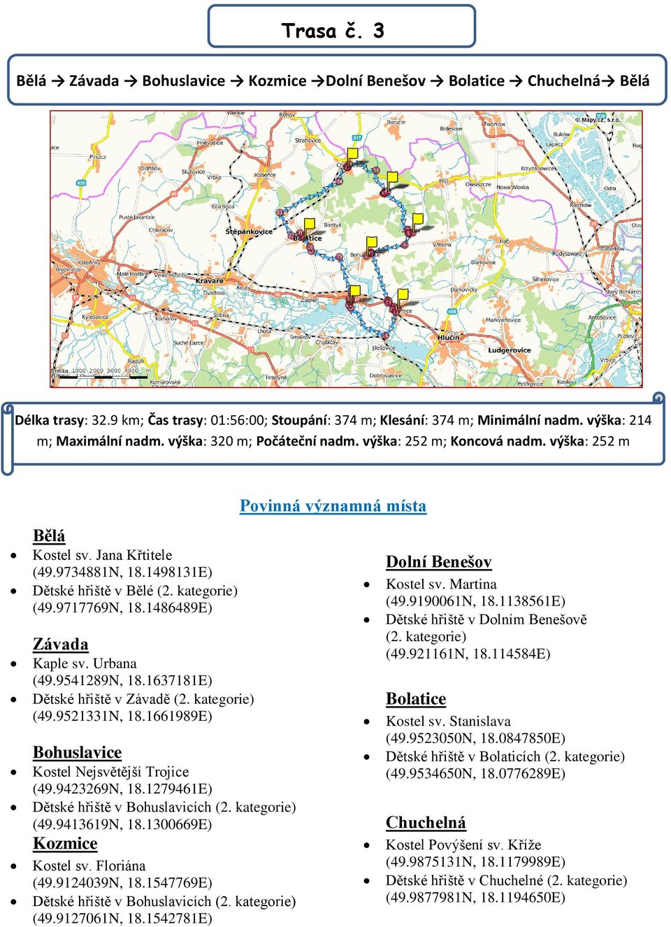 9717769N, 18.1486489E) Závada Kaple sv. Urbana (49.9541289N, 18.1637181E) Dětské hřiště v Závadě (2. kategorie) (49.9521331N, 18.1661989E) Bohuslavice Kostel Nejsvětější Trojice (49.9423269N, 18.