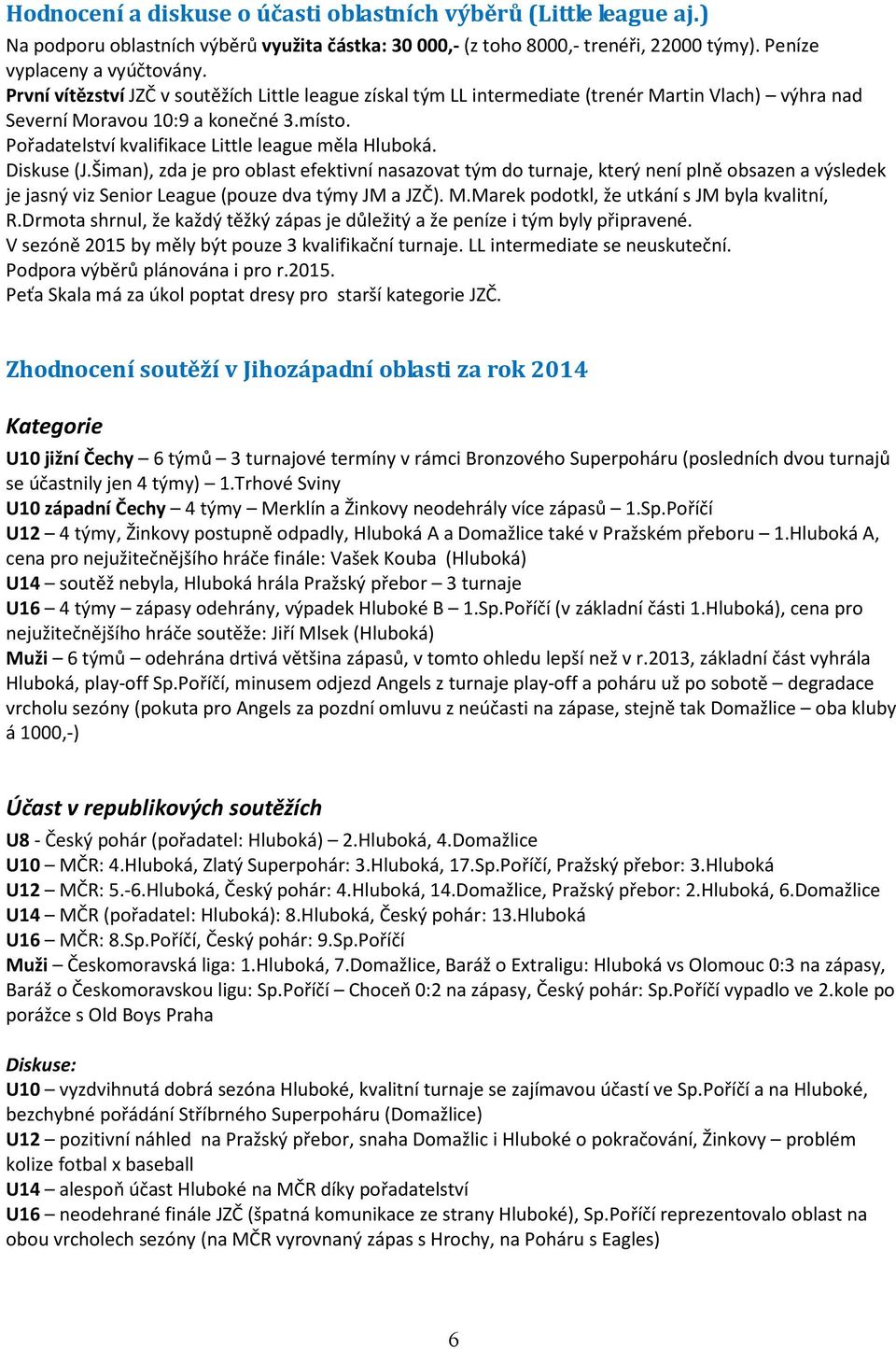 Diskuse (J.Šiman), zda je pro oblast efektivní nasazovat tým do turnaje, který není plně obsazen a výsledek je jasný viz Senior League (pouze dva týmy JM a JZČ). M.
