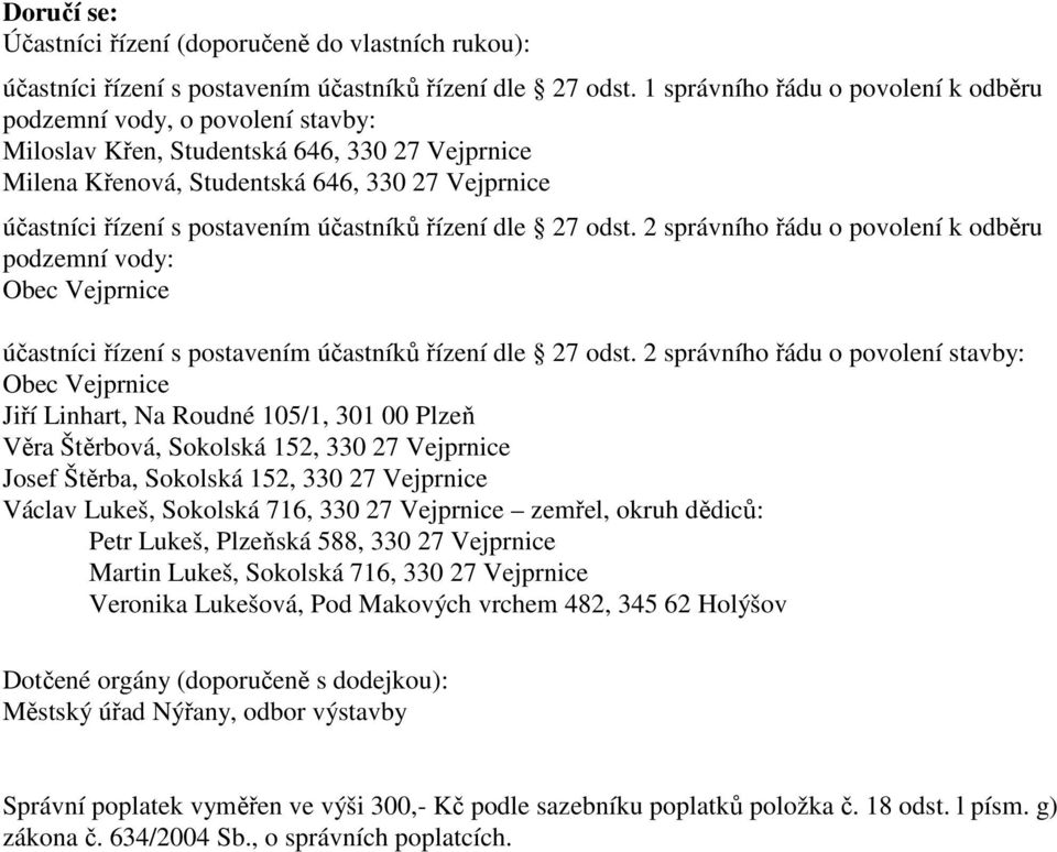 účastníků řízení dle 27 odst. 2 správního řádu o povolení k odběru podzemní vody: Obec Vejprnice účastníci řízení s postavením účastníků řízení dle 27 odst.