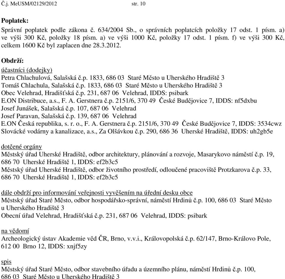 p. 1833, 686 03 Staré Město u Uherského Hradiště 3 Obec Velehrad, Hradišťská č.p. 231, 687 06 Velehrad, IDDS: psibark E.ON Distribuce, a.s., F. A. Gerstnera č.p. 2151/6, 370 49 České Budějovice 7, IDDS: nf5dxbu Josef Junášek, Salašská č.