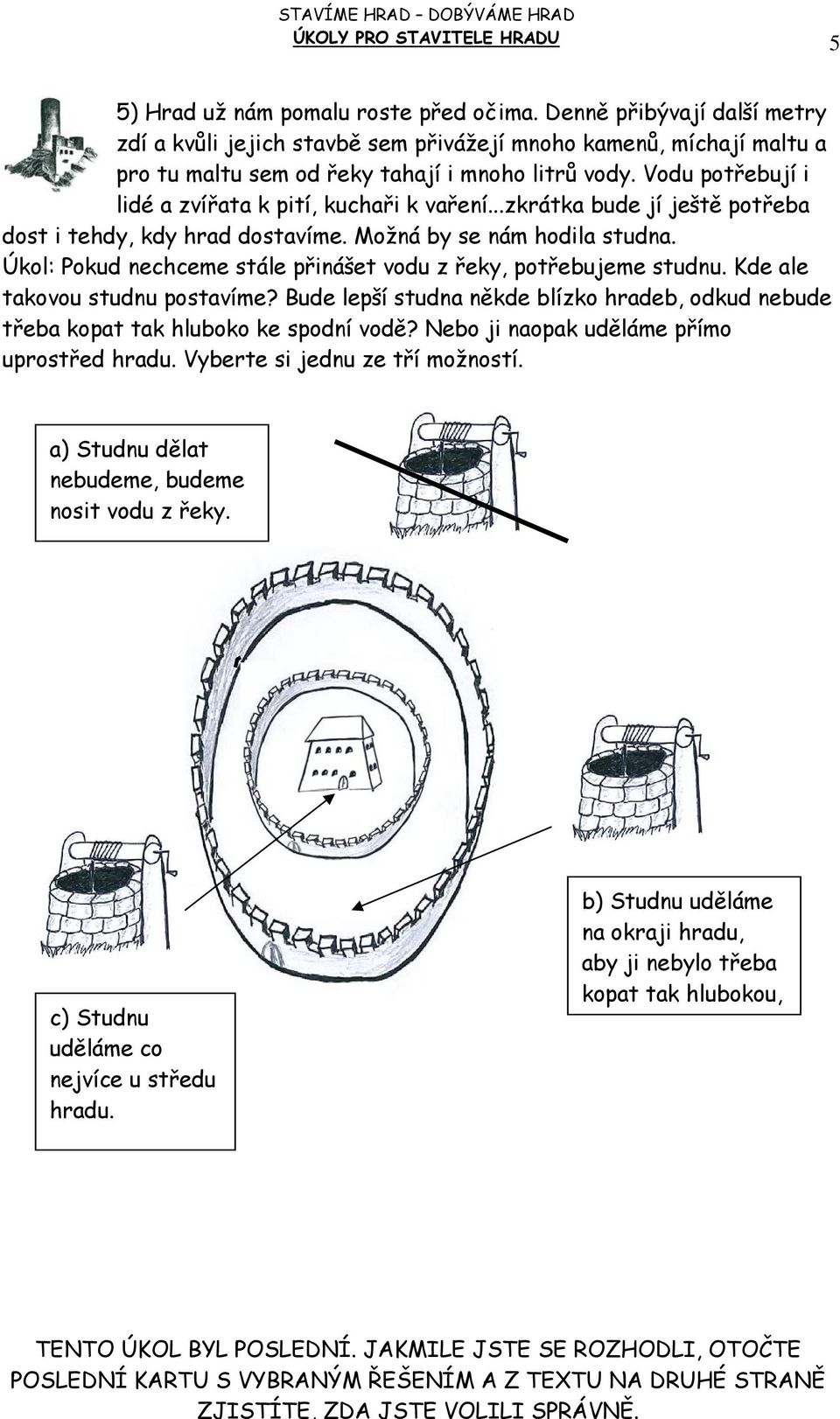 Úkol: Pokud nechceme stále přinášet vodu z řeky, potřebujeme studnu. Kde ale takovou studnu postavíme? Bude lepší studna někde blízko hradeb, odkud nebude třeba kopat tak hluboko ke spodní vodě?
