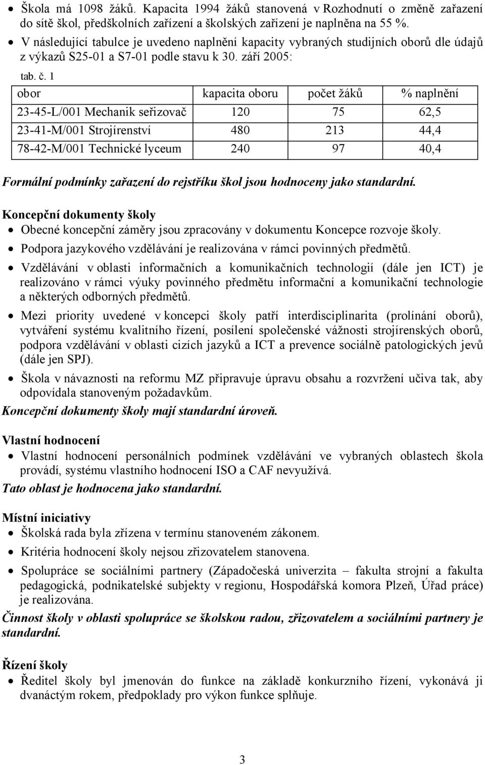 1 obor kapacita oboru počet žáků % naplnění 23-45-L/001 Mechanik seřizovač 120 75 62,5 23-41-M/001 Strojírenství 480 213 44,4 78-42-M/001 Technické lyceum 240 97 40,4 Formální podmínky zařazení do
