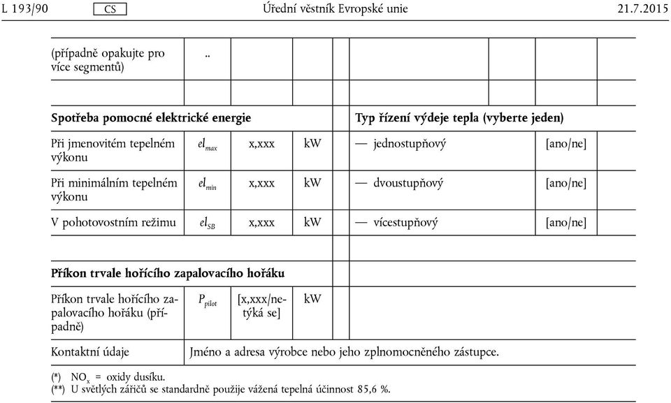 x,xxx kw jednostupňový el min x,xxx kw dvoustupňový V pohotovostním režimu el SB x,xxx kw vícestupňový Příkon trvale hořícího zapalovacího hořáku P