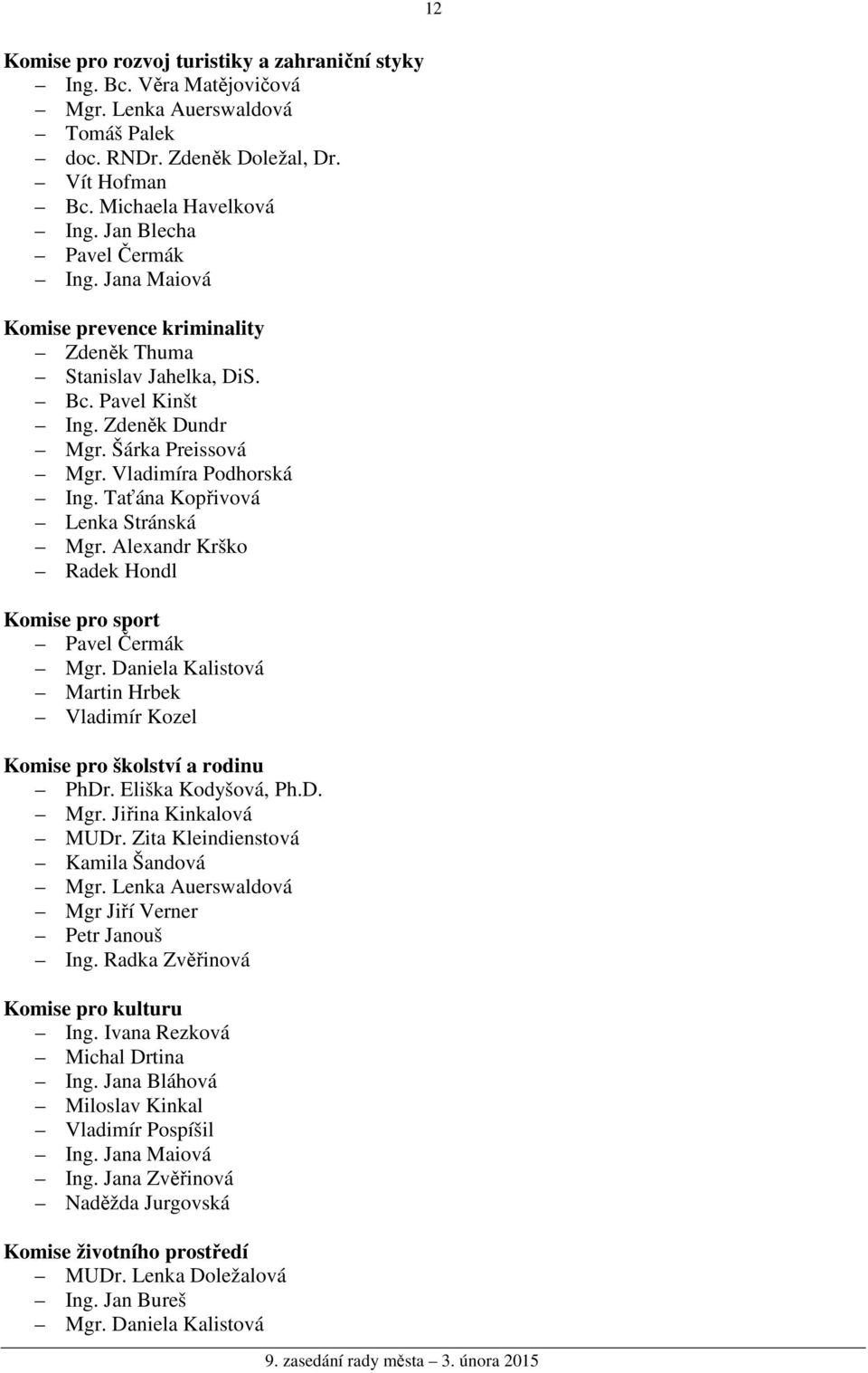 Taťána Kopřivová Lenka Stránská Mgr. Alexandr Krško Radek Hondl Komise pro sport Pavel Čermák Mgr. Daniela Kalistová Martin Hrbek Vladimír Kozel Komise pro školství a rodinu PhDr. Eliška Kodyšová, Ph.