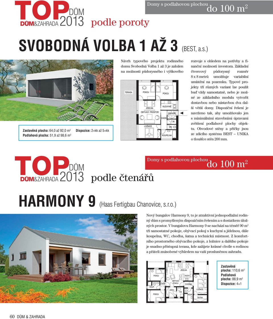 ohledem na potřeby a finanční možnosti investora. Základní čtvercový půdorysný rozměr 8 x 8 metrů umožňuje variabilní umístění na pozemku.