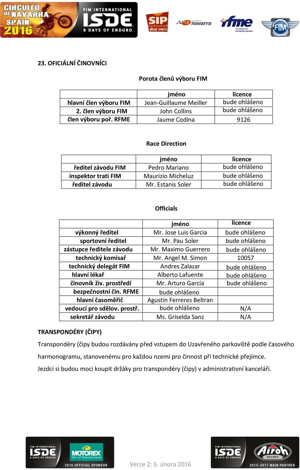 Estanis Soler bude ohlášeno Officials jméno licence výkonný ředitel Mr. Jose Luis Garcia bude ohlášeno sportovní ředitel Mr. Pau Soler bude ohlášeno zástupce ředitele závodu Mr.