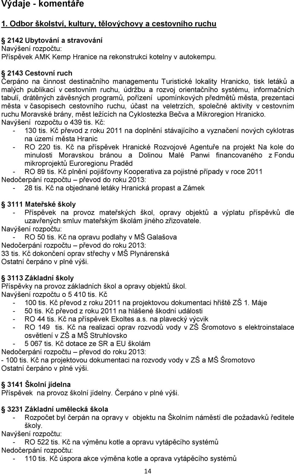 tabulí, drátěných závěsných programů, pořízení upomínkových předmětů města, prezentaci města v časopisech cestovního ruchu, účast na veletrzích, společné aktivity v cestovním ruchu Moravské brány,