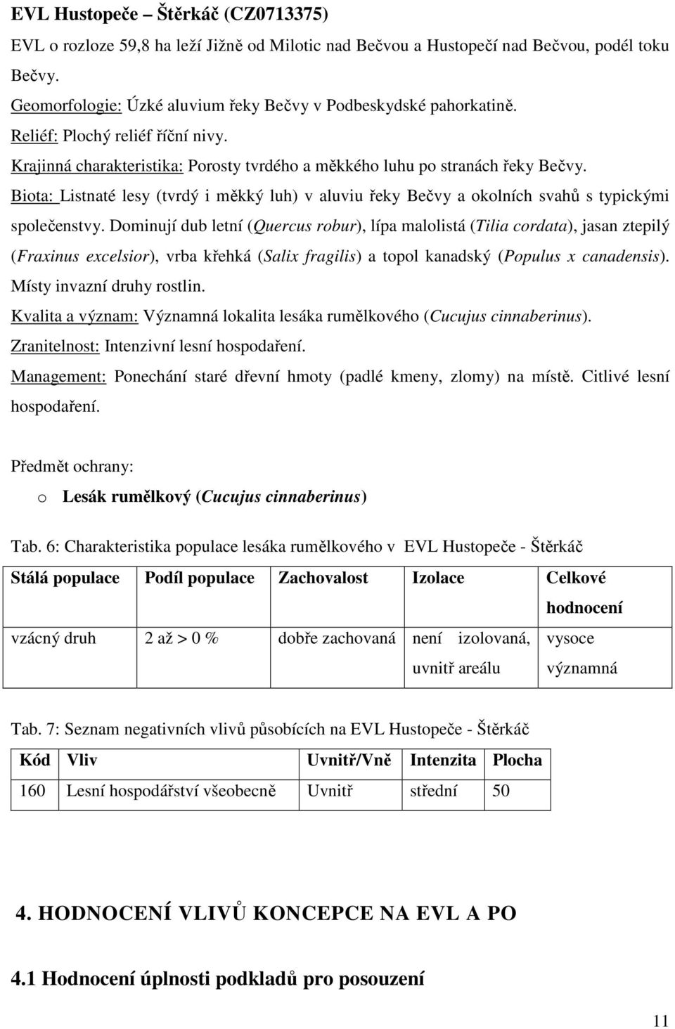 Biota: Listnaté lesy (tvrdý i měkký luh) v aluviu řeky Bečvy a okolních svahů s typickými společenstvy.