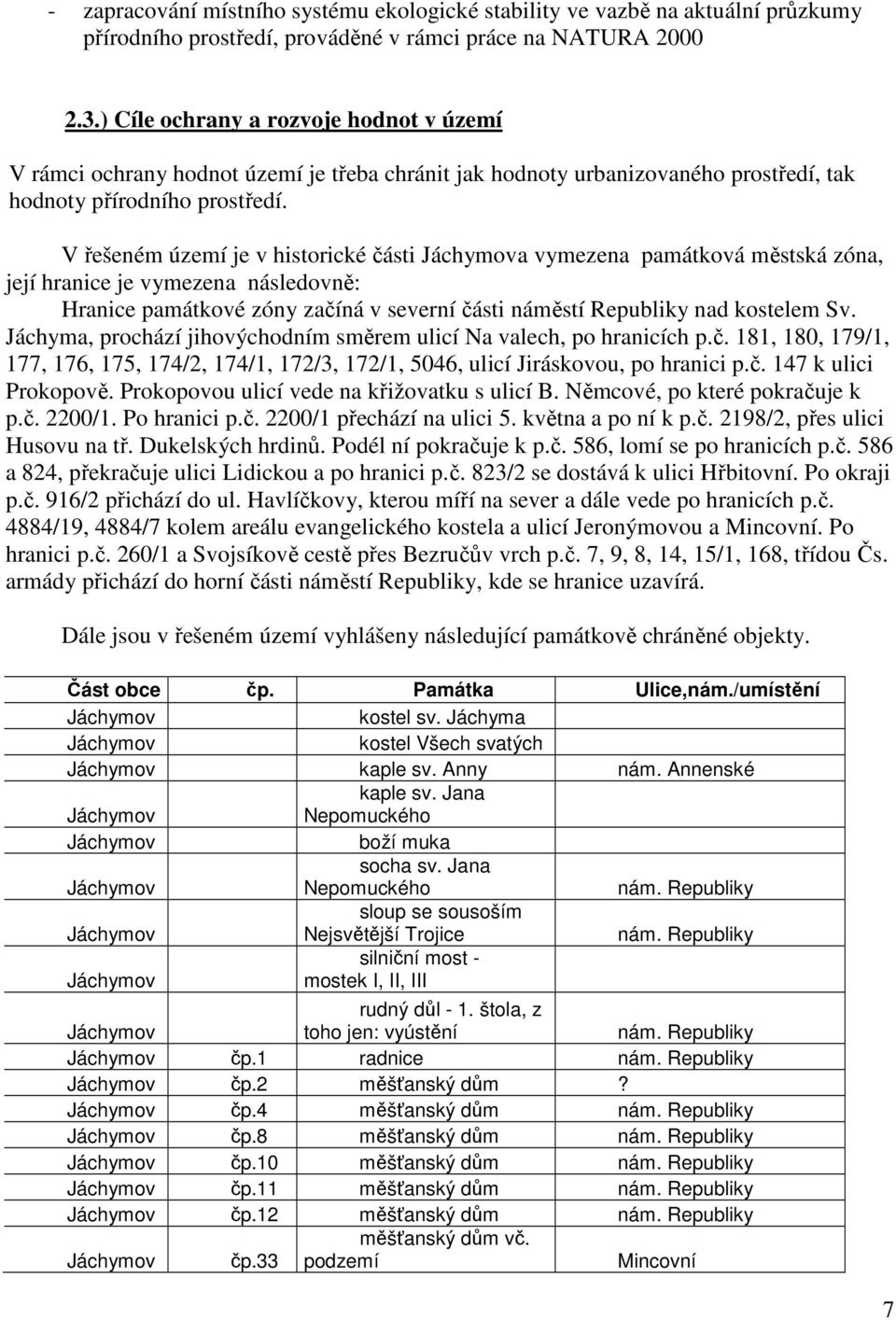 V řešeném území je v historické části Jáchymova vymezena památková městská zóna, její hranice je vymezena následovně: Hranice památkové zóny začíná v severní části náměstí Republiky nad kostelem Sv.