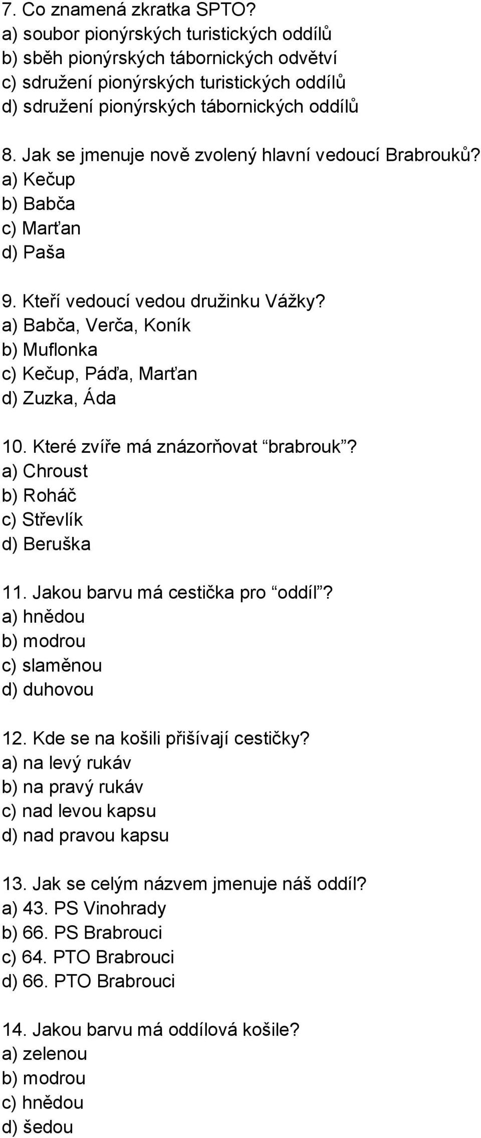 Jak se jmenuje nově zvolený hlavní vedoucí Brabrouků? a) Kečup b) Babča c) Marťan d) Paša 9. Kteří vedoucí vedou družinku Vážky?