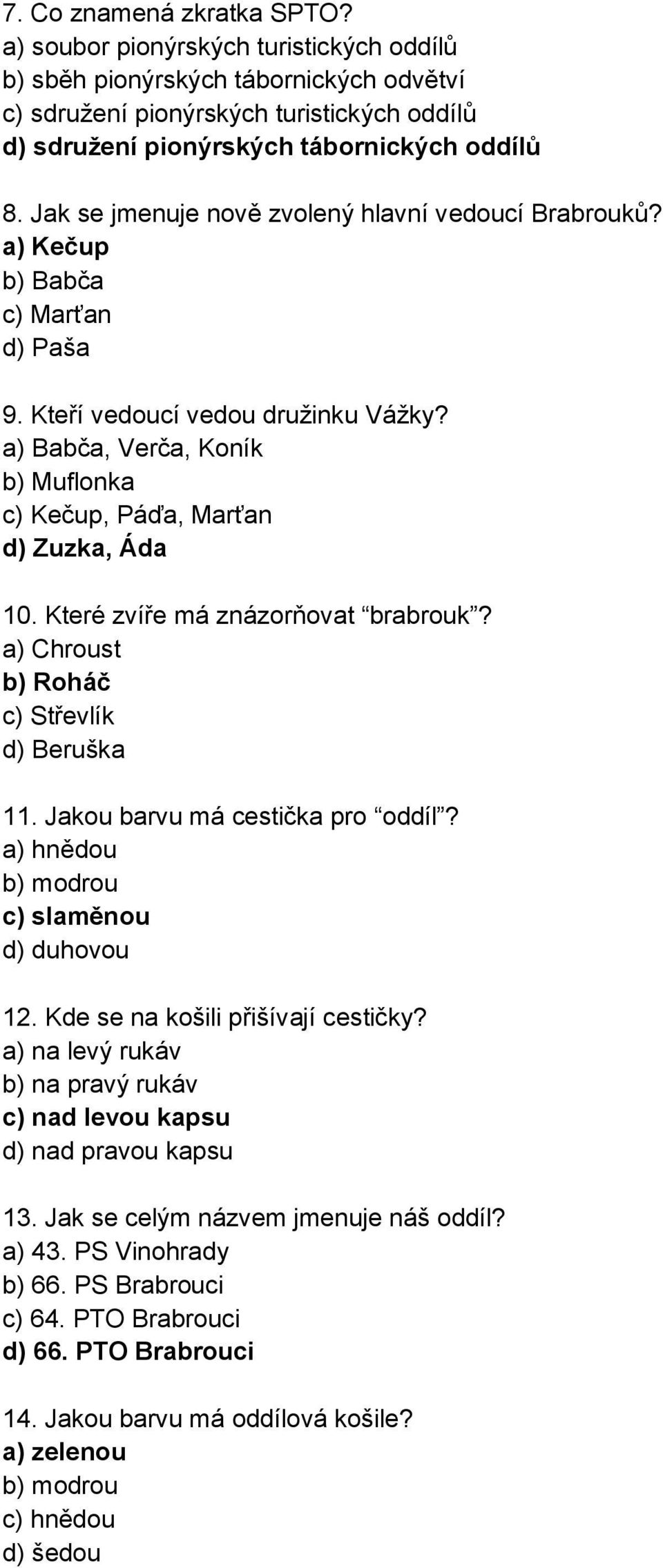 Jak se jmenuje nově zvolený hlavní vedoucí Brabrouků? a) Kečup b) Babča c) Marťan d) Paša 9. Kteří vedoucí vedou družinku Vážky?