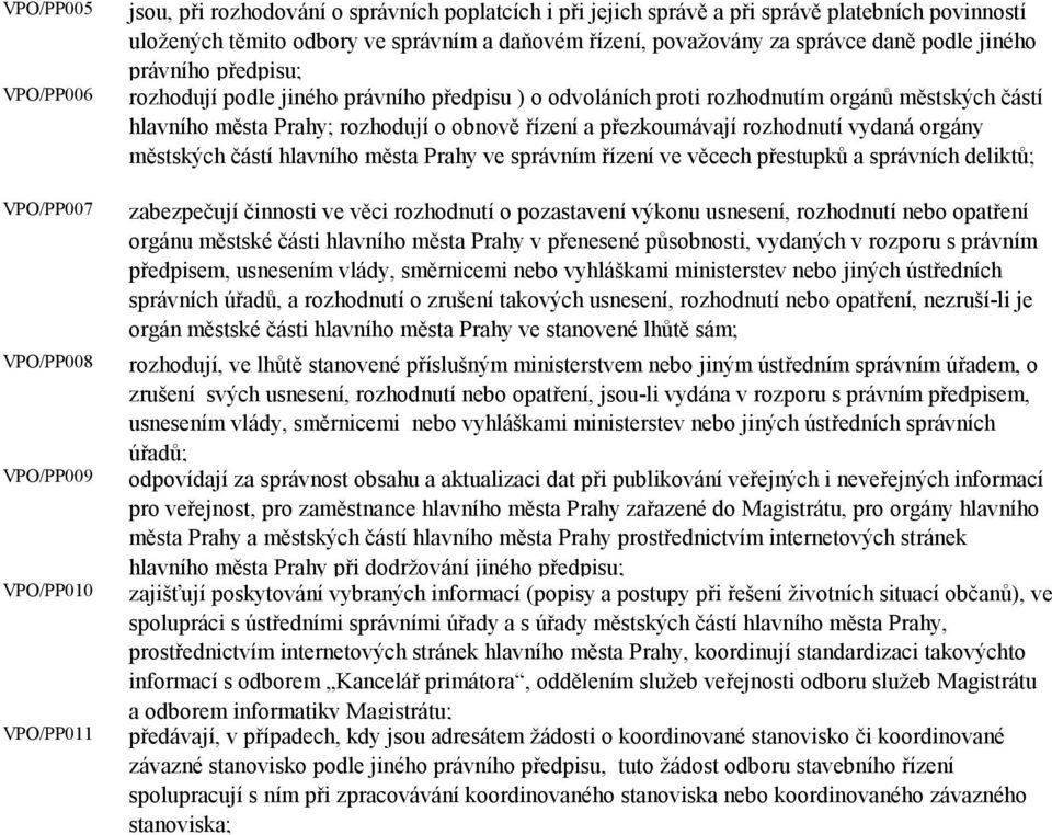 Prahy; rozhodují o obnově řízení a přezkoumávají rozhodnutí vydaná orgány městských částí hlavního města Prahy ve správním řízení ve věcech přestupků a správních deliktů; zabezpečují činnosti ve věci