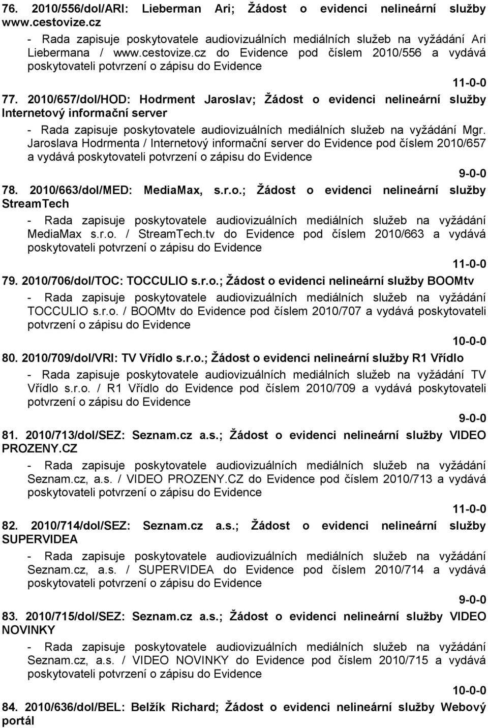 Jaroslava Hodrmenta / Internetový informační server do Evidence pod číslem 2010/657 a vydává poskytovateli potvrzení o zápisu do Evidence 9-0-0 78. 2010/663/dol/MED: MediaMax, s.r.o.; Ţádost o evidenci nelineární sluţby StreamTech - Rada zapisuje poskytovatele audiovizuálních mediálních sluţeb na vyţádání MediaMax s.