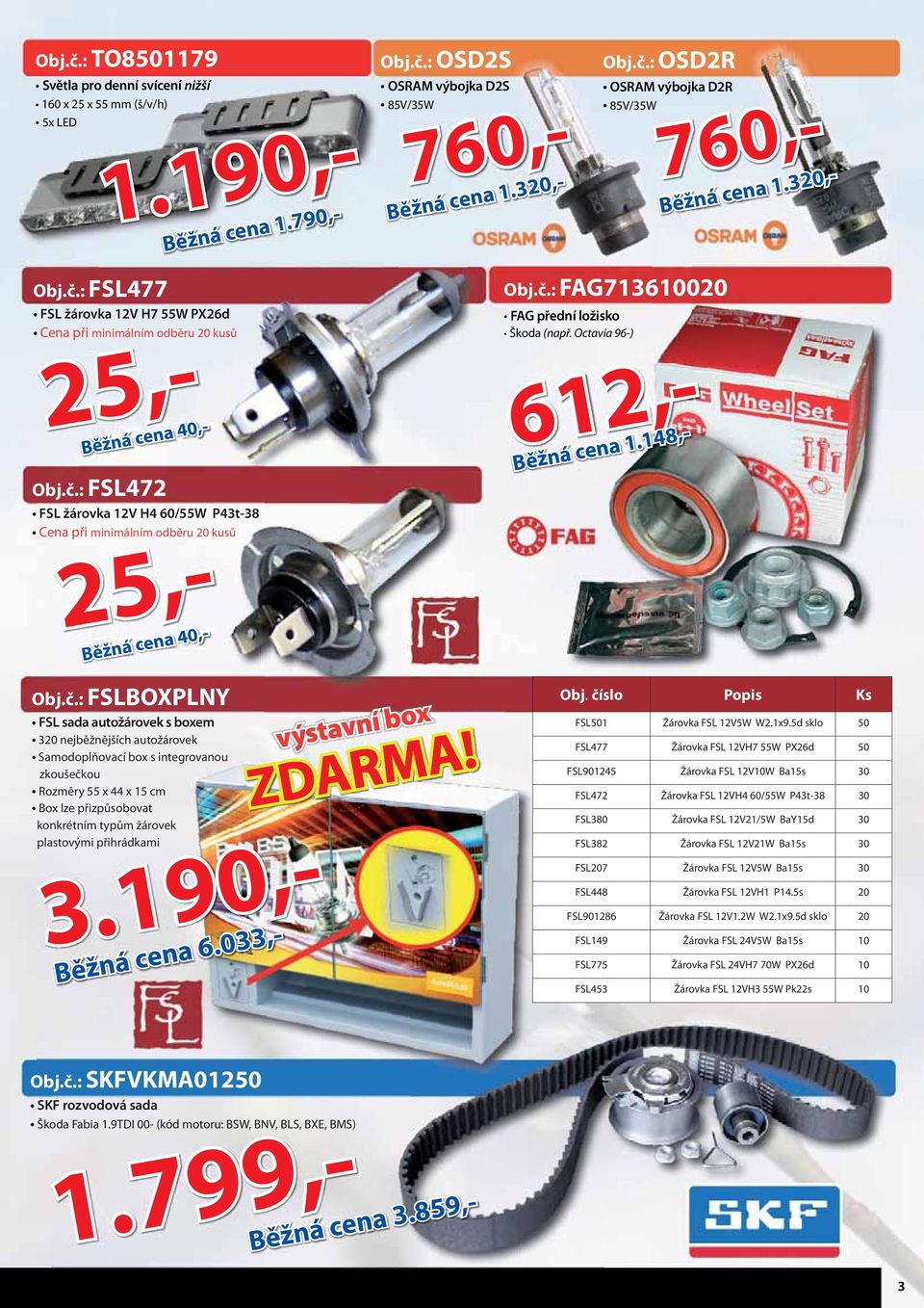 č.: FSLBOXPLNY FSL sada autožárovek s boxem 320 nejběžnějších autožárovek Samodoplňovací box s integrovanou zkoušečkou Rozměry 55 x 44 x 15 cm Box lze přizpůsobovat konkrétním typům žárovek