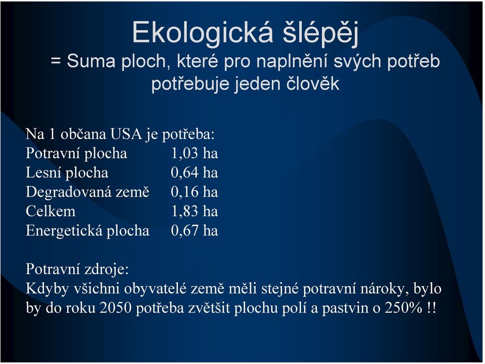 Celkem 1,83 ha Energetická plocha 0,67 ha Potravní zdroje: Kdyby všichni obyvatelé země měli