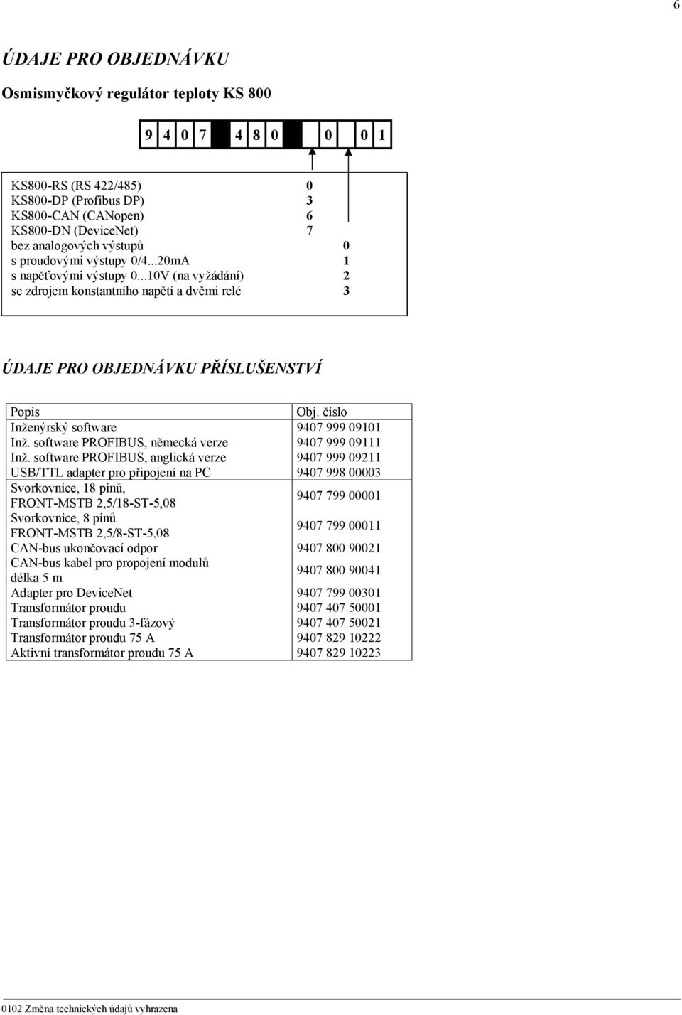 číslo Inženýrský software 9407 999 09101 Inž. software PROFIBUS, německá verze 9407 999 09111 Inž.
