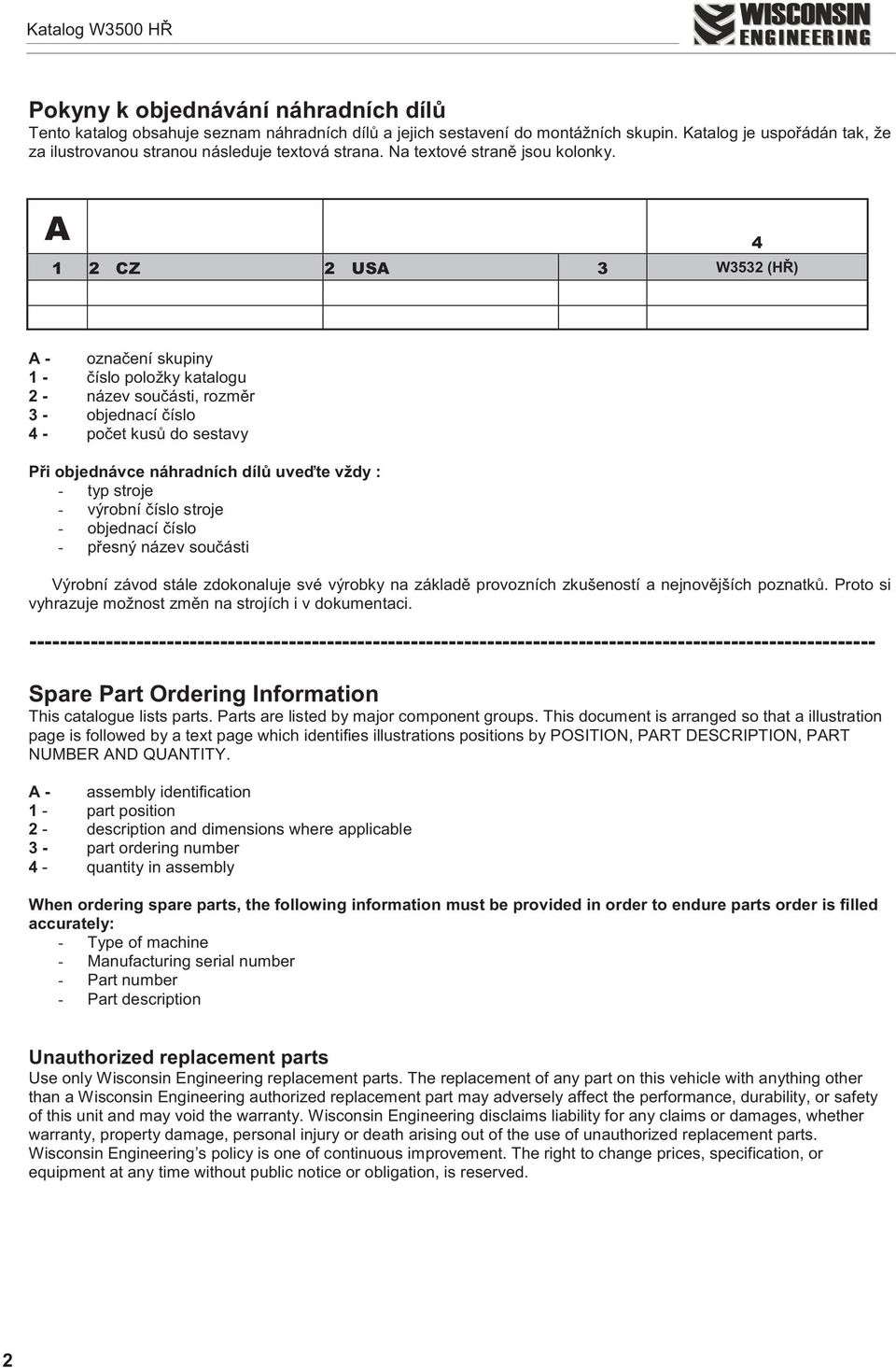 A 4 1 2 CZ 2 USA 3 W3532 (HØ) A - oznaèení skupiny 1 - èíslo položky katalogu 2 - název souèásti, rozmìr 3 - objednací èíslo 4 - poèet kusù do sestavy Pøi objednávce náhradních dílù uveïte vždy : -
