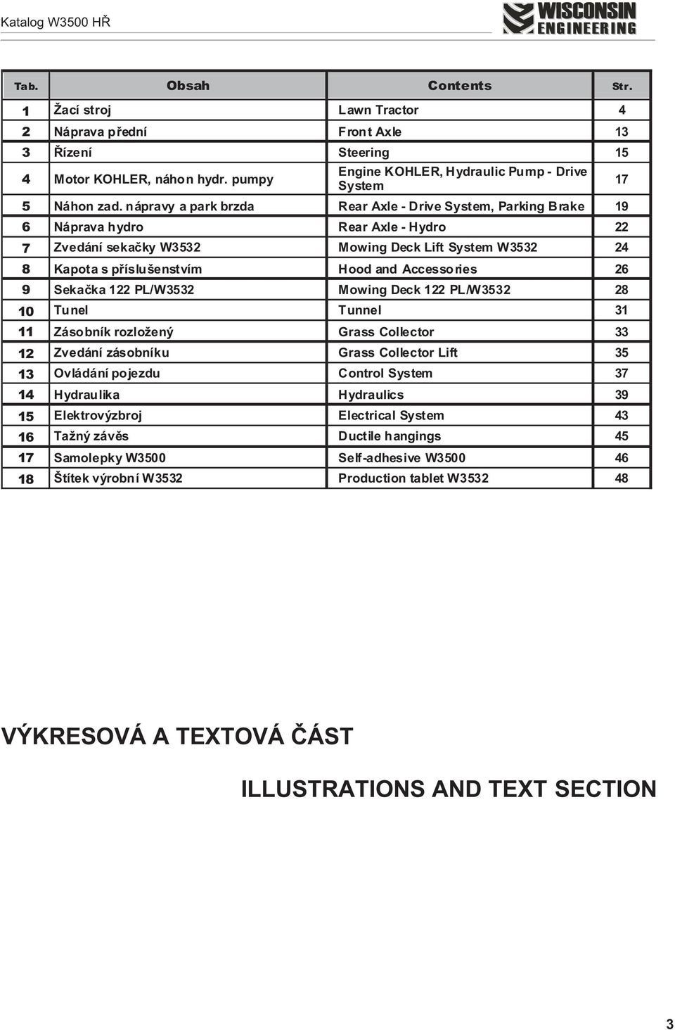 Accessories 26 9 Sekaèka 122 PL/W3532 Mowing Deck 122 PL/W3532 28 10 Tunel Tunnel 31 11 Zásobník rozložený Grass Collector 33 12 Zvedání zásobníku Grass Collector Lift 35 13 Ovládání pojezdu Control