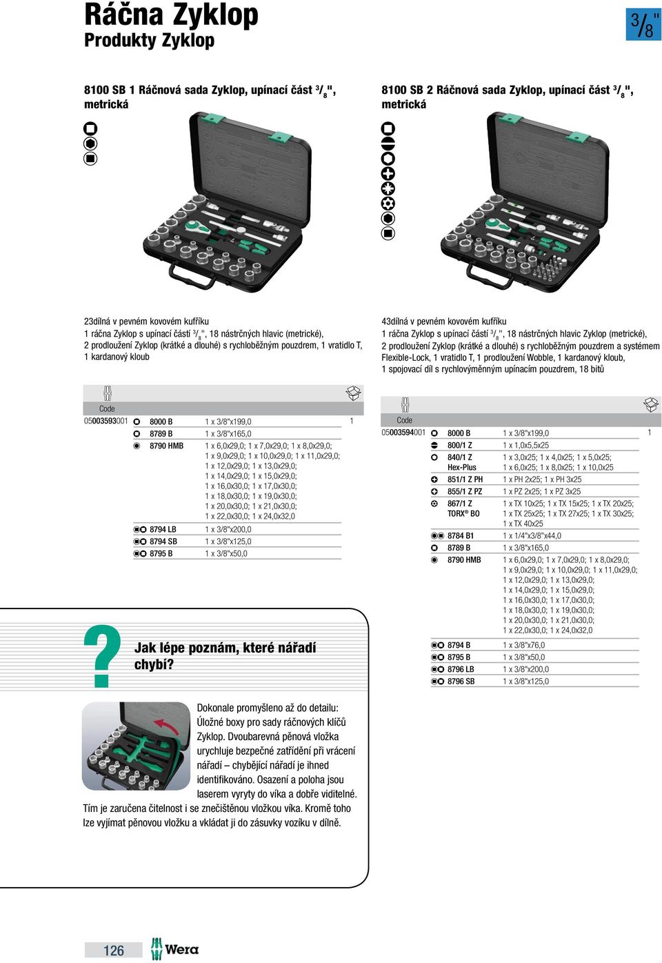 Zyklop s upínací částí 3 / 8 ", 8 nástrčných hlavic Zyklop (metrické), 2 prodloužení Zyklop (krátké a dlouhé) s rychloběžným pouzdrem a systémem Flexible-Lock, vratidlo T, prodloužení Wobble,