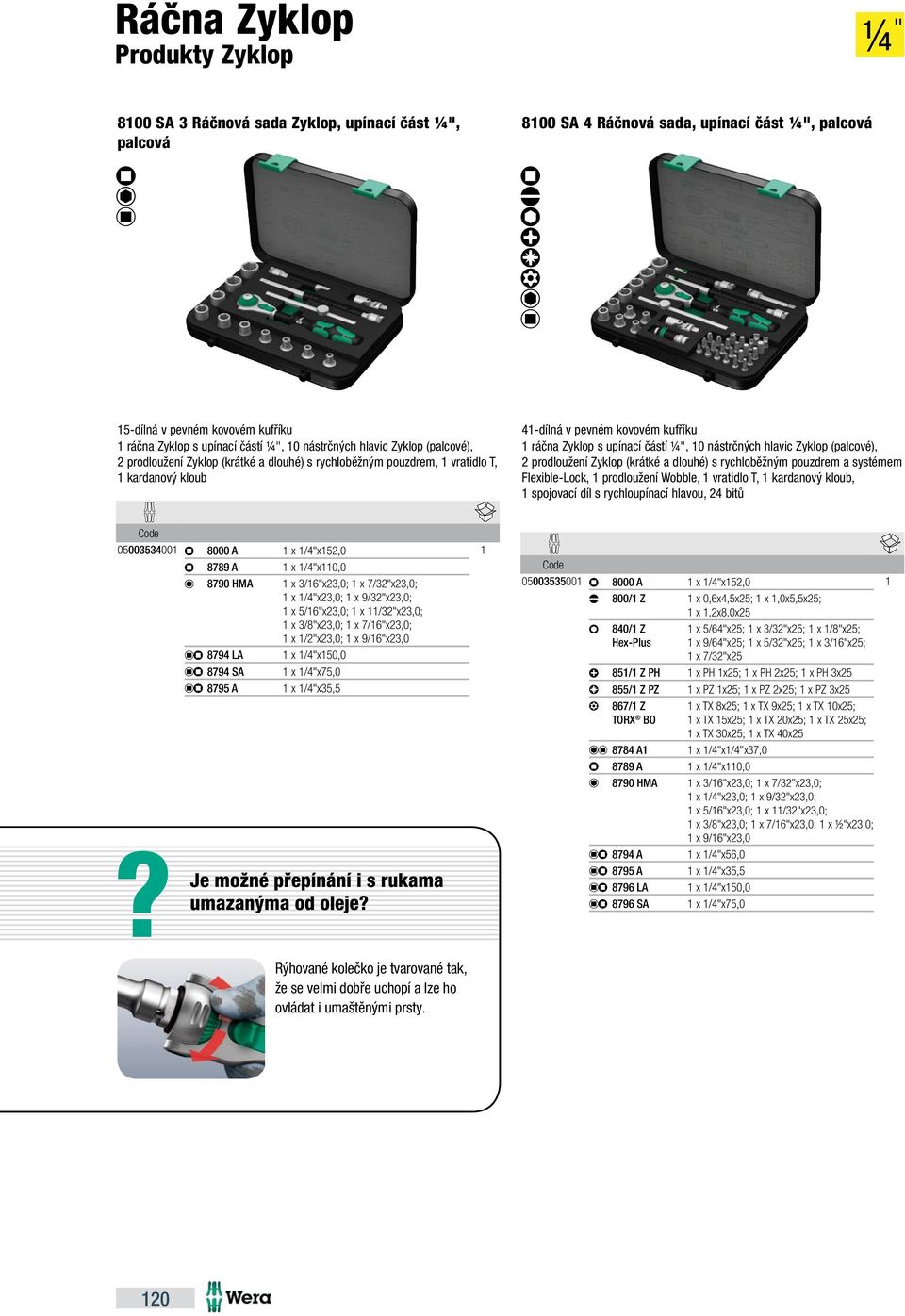 0 nástrčných hlavic Zyklop (palcové), 2 prodloužení Zyklop (krátké a dlouhé) s rychloběžným pouzdrem a systémem Flexible-Lock, prodloužení Wobble, vratidlo T, kardanový kloub, spojovací díl s