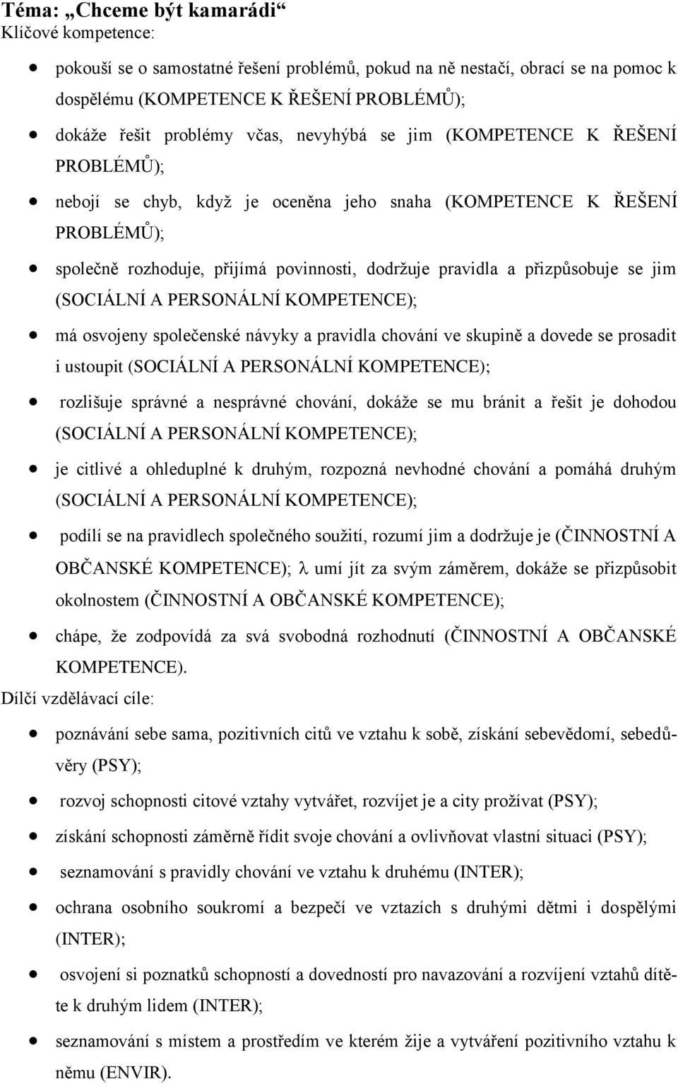 PERSONÁLNÍ KOMPETENCE); má osvojeny společenské návyky a pravidla chování ve skupině a dovede se prosadit i ustoupit (SOCIÁLNÍ A PERSONÁLNÍ KOMPETENCE); rozlišuje správné a nesprávné chování, dokáže