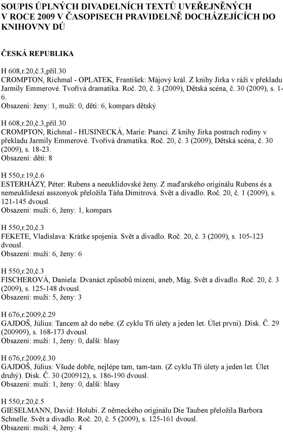 Obsazení: ženy: 1, muži: 0, děti: 6, kompars dětský H 608,r.20,č.3,příl.30 CROMPTON, Richmal - HUSINECKÁ, Marie: Psanci. Z knihy Jirka postrach rodiny v překladu Jarmily Emmerové. Tvořivá dramatika.