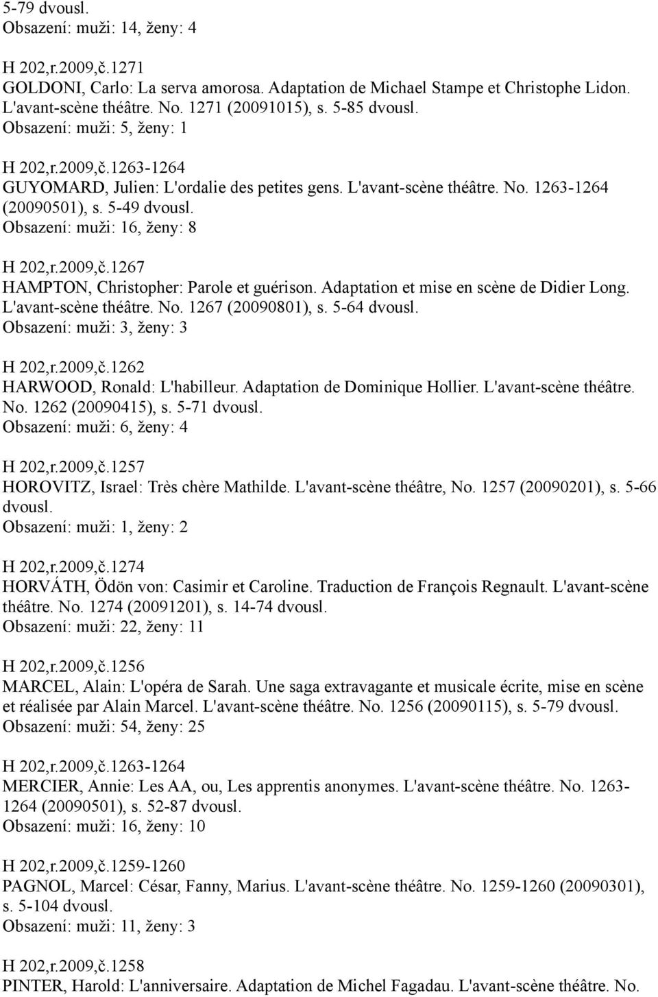 2009,č.1267 HAMPTON, Christopher: Parole et guérison. Adaptation et mise en scène de Didier Long. L'avant-scène théâtre. No. 1267 (20090801), s. 5-64 Obsazení: muži: 3, ženy: 3 H 202,r.2009,č.1262 HARWOOD, Ronald: L'habilleur.