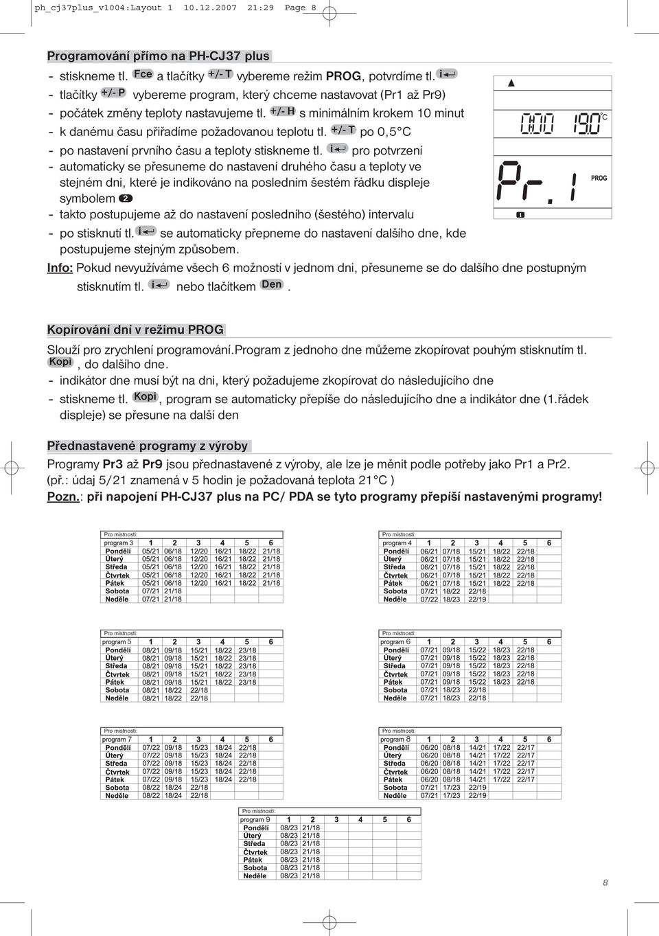 +/- T po 0,5 C - po nastavení prvního času a teploty stiskneme tl.