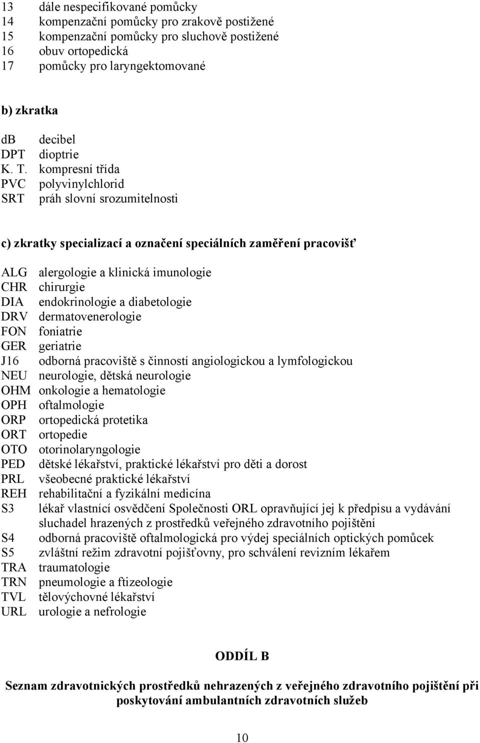 kompresní třída PVC polyvinylchlorid SRT práh slovní srozumitelnosti c) zkratky specializací a označení speciálních zaměření pracovišť ALG alergologie a klinická imunologie CHR chirurgie DIA