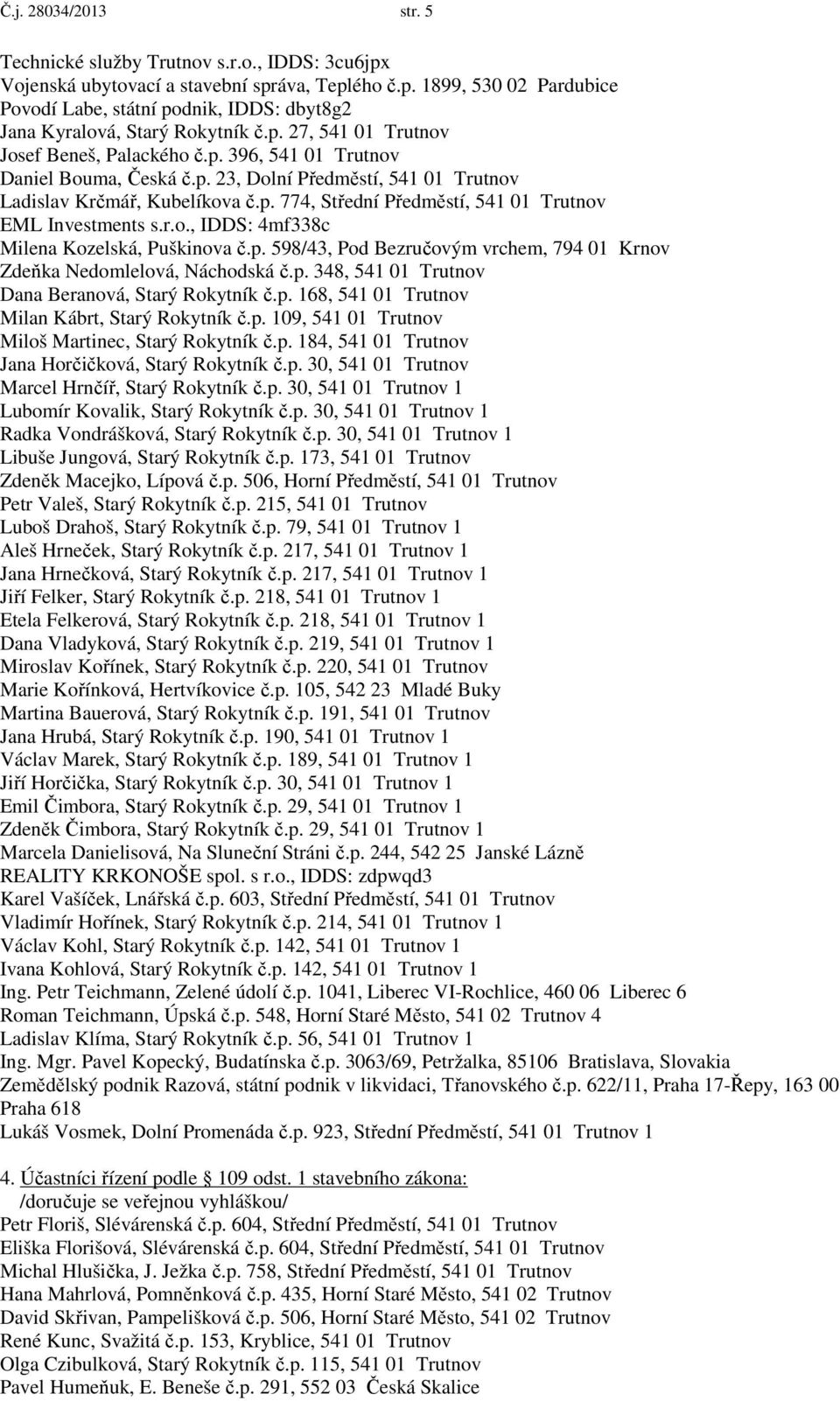 r.o., IDDS: 4mf338c Milena Kozelská, Puškinova č.p. 598/43, Pod Bezručovým vrchem, 794 01 Krnov Zdeňka Nedomlelová, Náchodská č.p. 348, 541 01 Trutnov Dana Beranová, Starý Rokytník č.p. 168, 541 01 Trutnov Milan Kábrt, Starý Rokytník č.