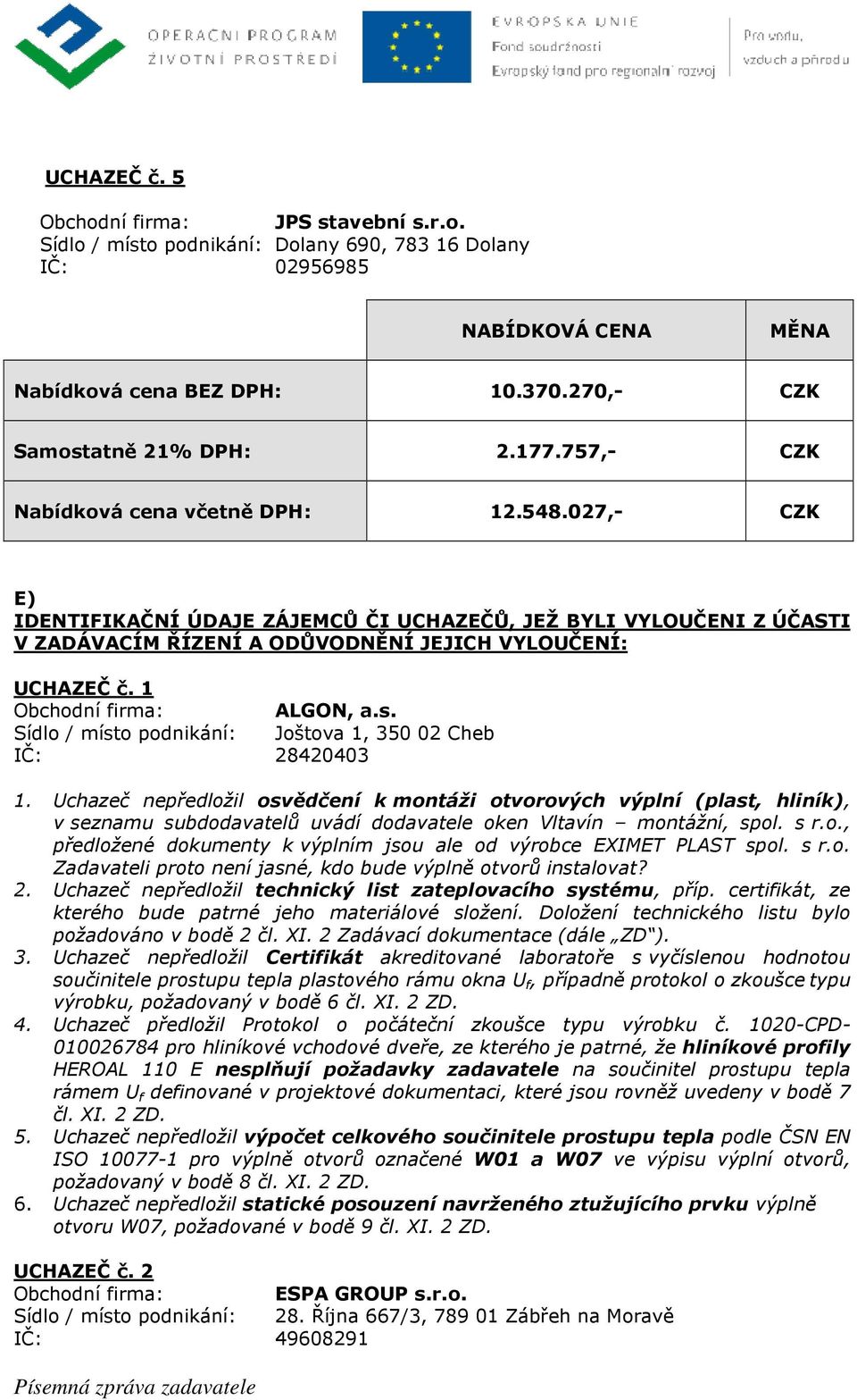 1 Obchodní firma: ALGON, a.s. Sídlo / místo podnikání: Joštova 1, 350 02 Cheb IČ: 28420403 1.