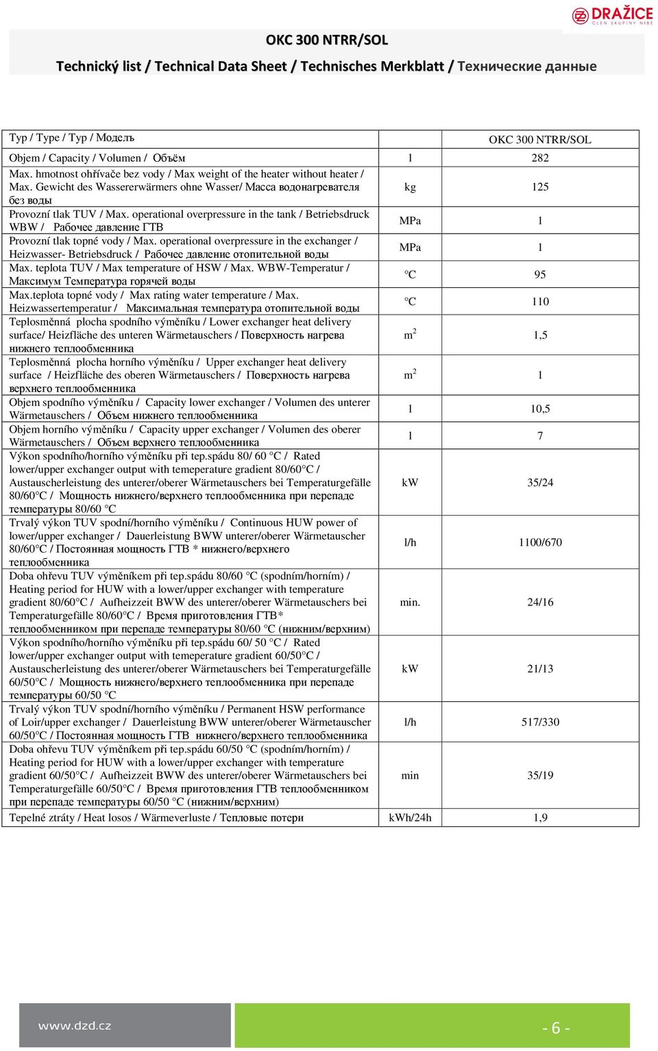 operational overpressure in the tank / Betriebsdruck WBW / Рабочее давление ГТВ MPa 1 Provozní tlak topné vody / Max.