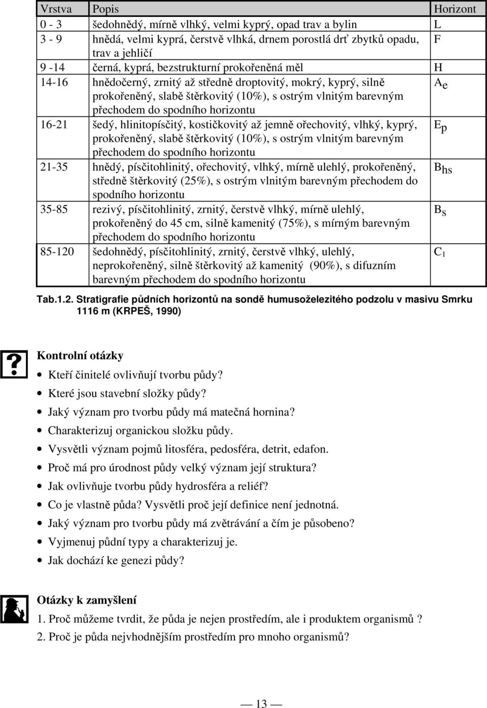 16-21 šedý, hlinitopísčitý, kostičkovitý až jemně ořechovitý, vlhký, kyprý, E p prokořeněný, slabě štěrkovitý (10%), s ostrým vlnitým barevným přechodem do spodního horizontu 21-35 hnědý,