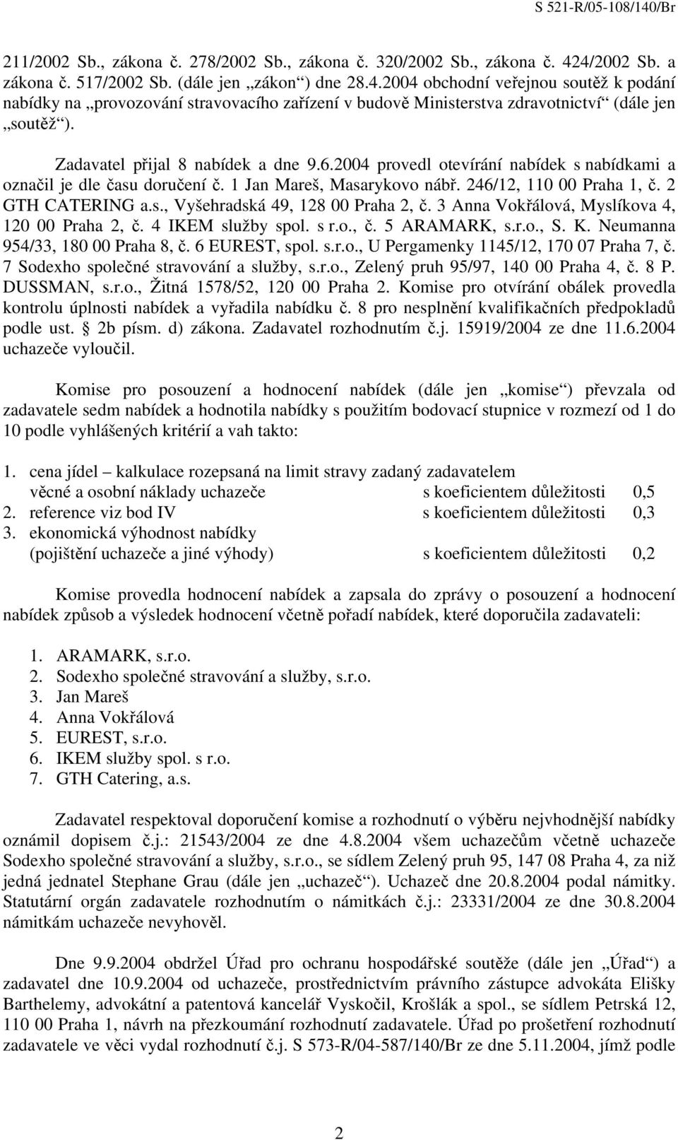 Zadavatel přijal 8 nabídek a dne 9.6.2004 provedl otevírání nabídek s nabídkami a označil je dle času doručení č. 1 Jan Mareš, Masarykovo nábř. 246/12, 110 00 Praha 1, č. 2 GTH CATERING a.s., Vyšehradská 49, 128 00 Praha 2, č.