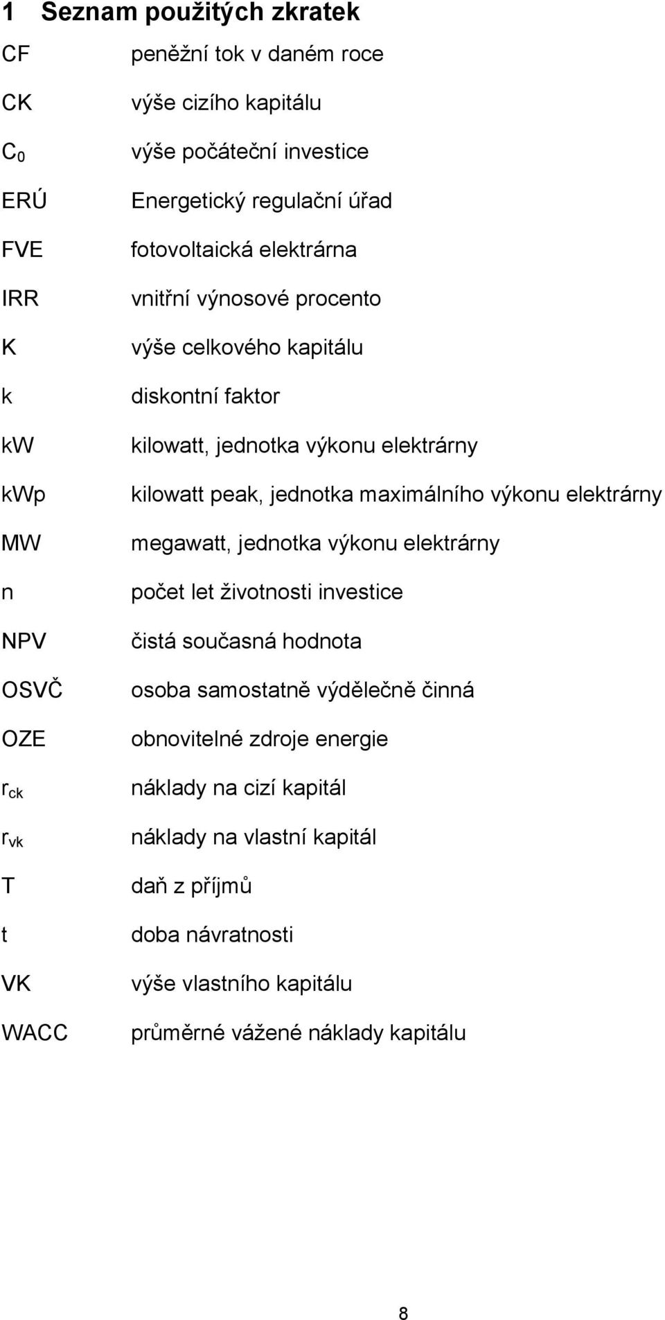 kilowatt peak, jednotka maximálního výkonu elektrárny megawatt, jednotka výkonu elektrárny počet let životnosti investice čistá současná hodnota osoba samostatně